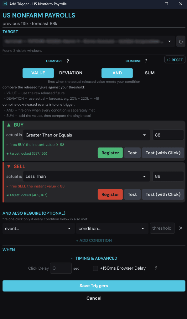 The Add Trigger window for US Non-Farm Payrolls: a BUY card armed to fire the instant the value is 88 or above, a SELL card below 88, with optional AND conditions and click delay